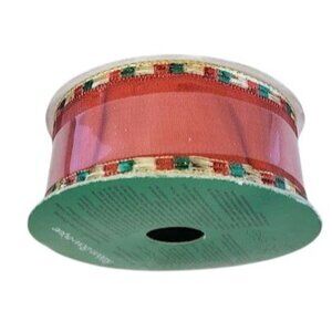 Vintage Metallic Red Wired Edge Ribbon 30ft – Gold Plaid Trim Holiday Craft Roll